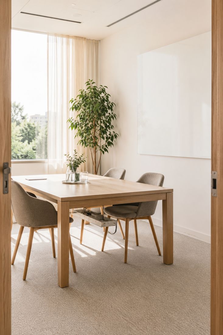 A bright meeting room seen from the doorway