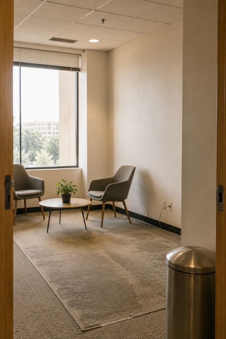 A worn lobby corner before improvement